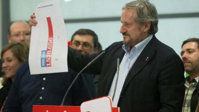 Willy Meyer, cabeza de lista de IU a las elecciones europeas, muestra un gráfico con el crecimiento de su partido en estas elecciones.