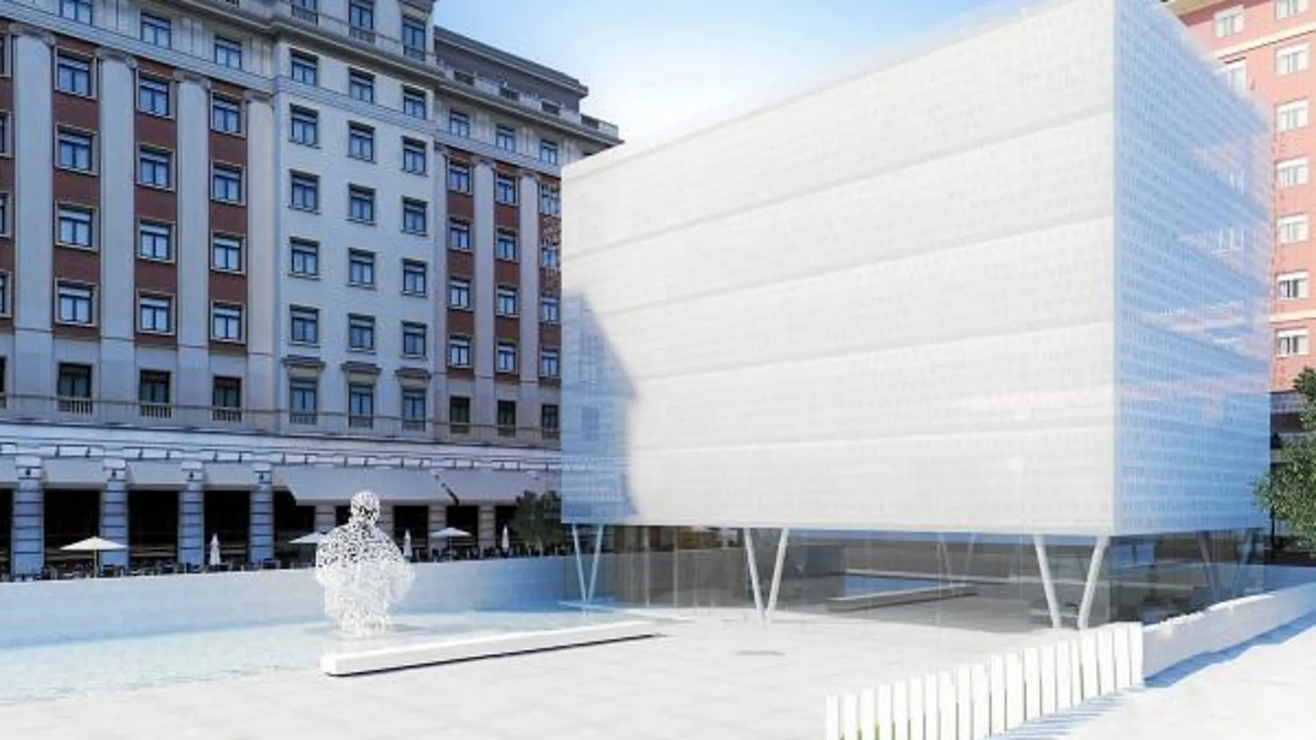 La nueva sede del Banco Madrid en la plaza Margaret Thatcher será un edificio «con vocación de referencia arquitectónica, más funcional, diáfano y vanguardista, que albergará un espacio cultural privado en su planta baja, donde se podrán ver obras de arte propiedad de la entidad