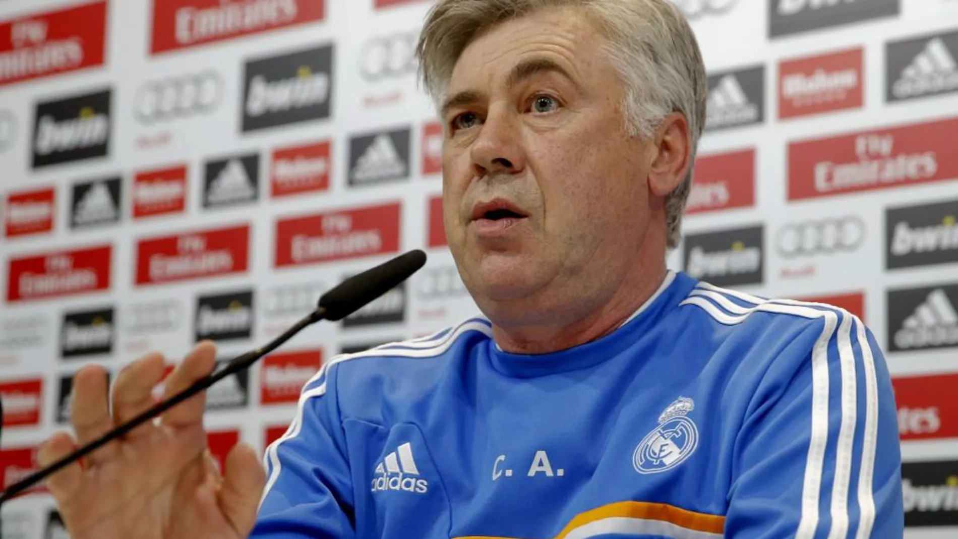 Carlo Ancelotti, durante la rueda de prensa de hoy, previa al partido de Liga del mañana contra el Granada en el estadio Santiago Bernabéu.