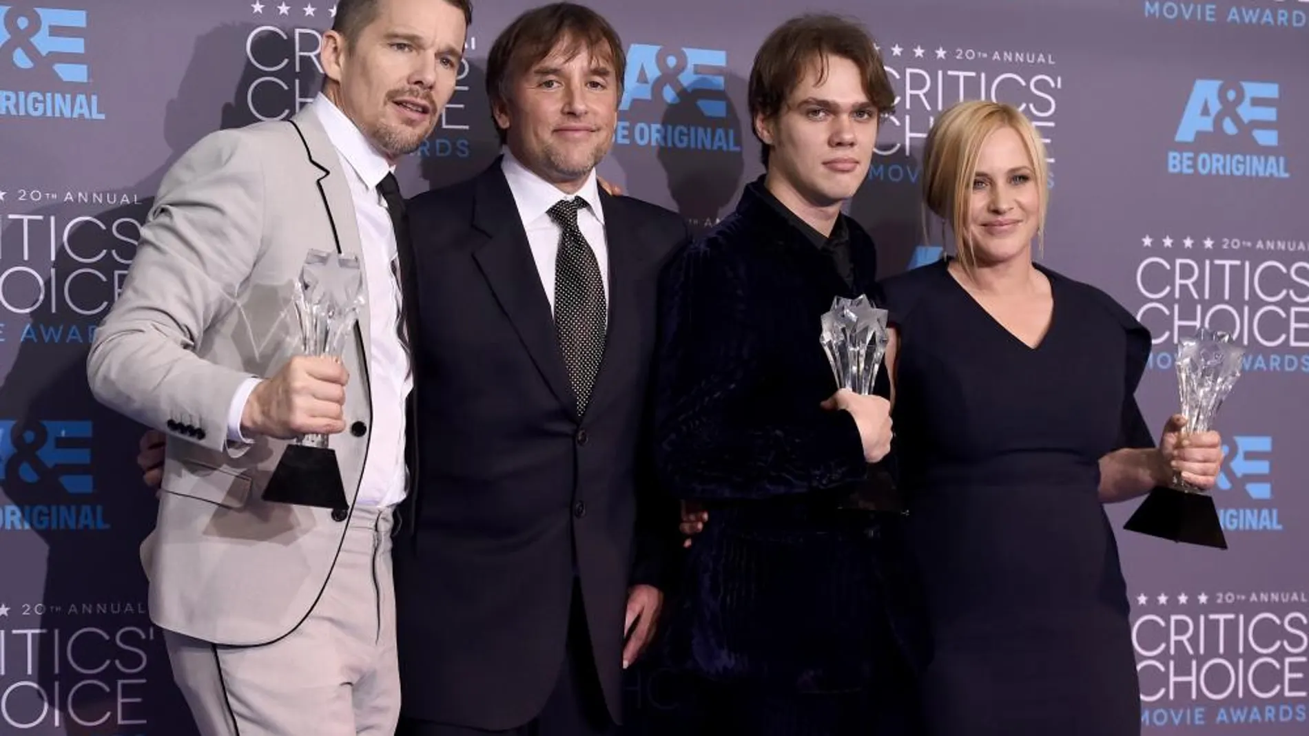 Ethan Hawke,, Richard Linklater, Ellar Coltrane, y Patricia Arquette, de «Boyhood».