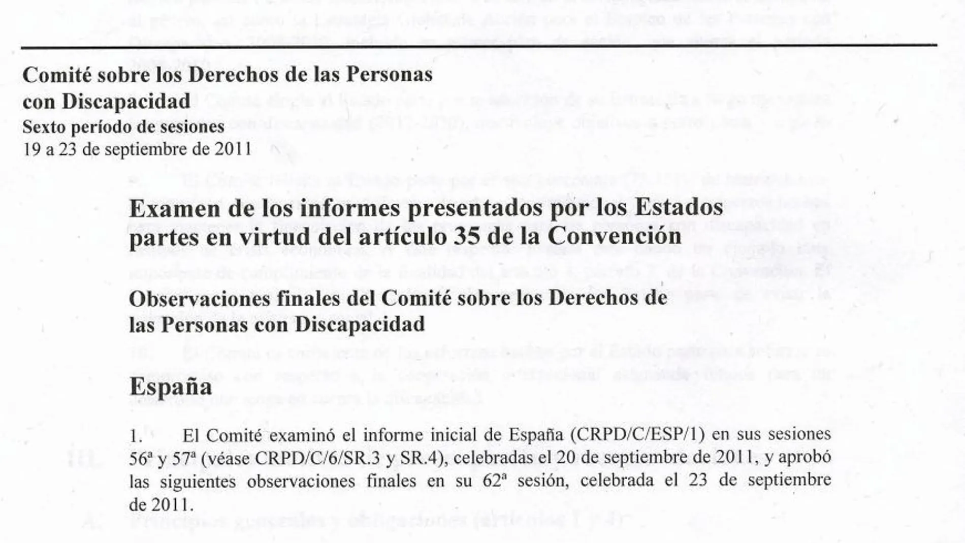 Documento de Naciones Unidas en el que su Comité sobre los Derechos de las Personas con Discapacidad recomendaba suprimir de la vigente Ley del Aborto el supuesto por malformación del feto