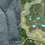 Antiguas minas de oro en el valle del río Eria, con los canales y estanques del agua para la explotación. El modelo generado con los datos LiDAR (a la izquierda) permite situar estas estructuras sobre fotos aéreas (derecha)