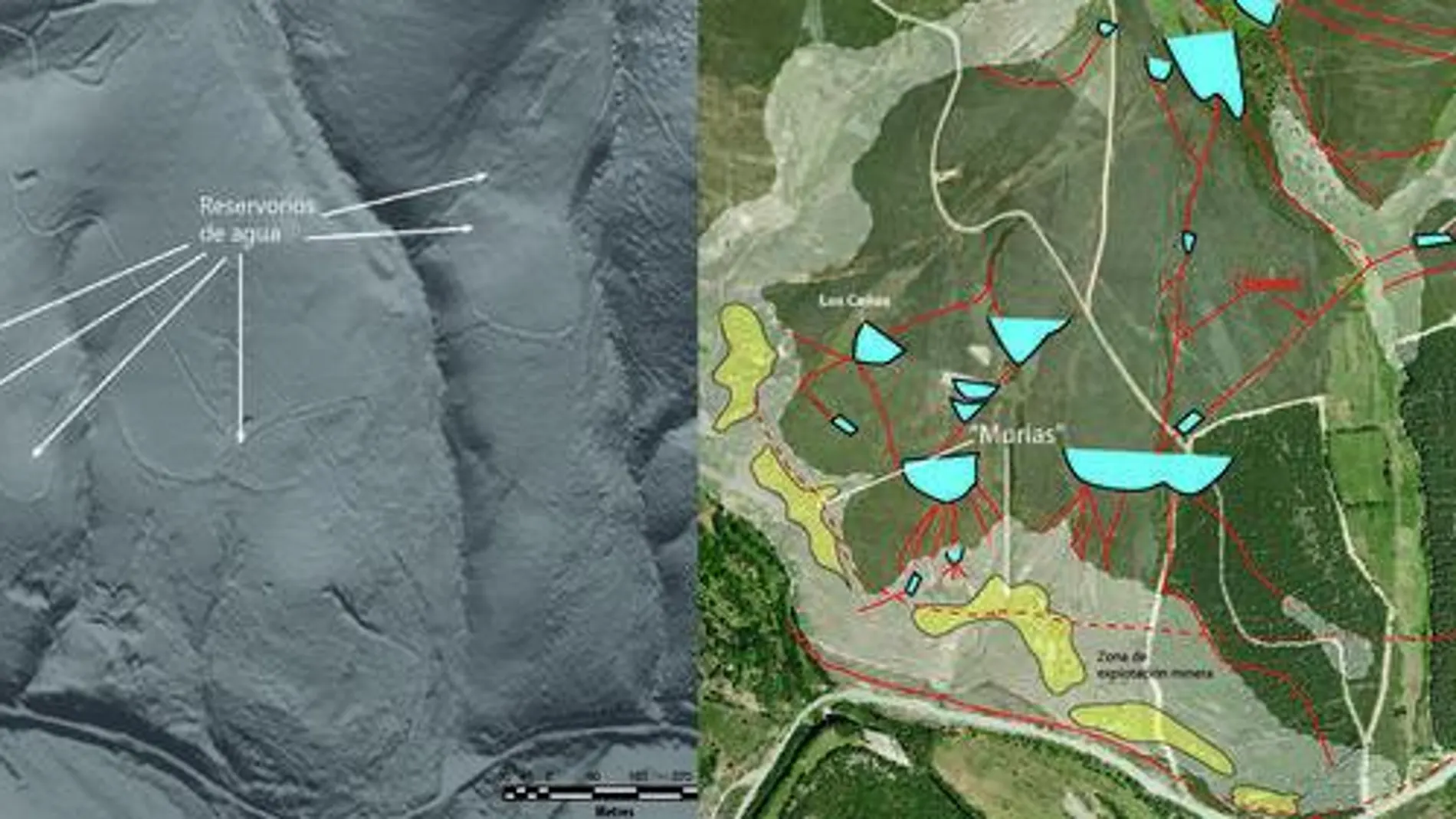 Antiguas minas de oro en el valle del río Eria, con los canales y estanques del agua para la explotación. El modelo generado con los datos LiDAR (a la izquierda) permite situar estas estructuras sobre fotos aéreas (derecha)