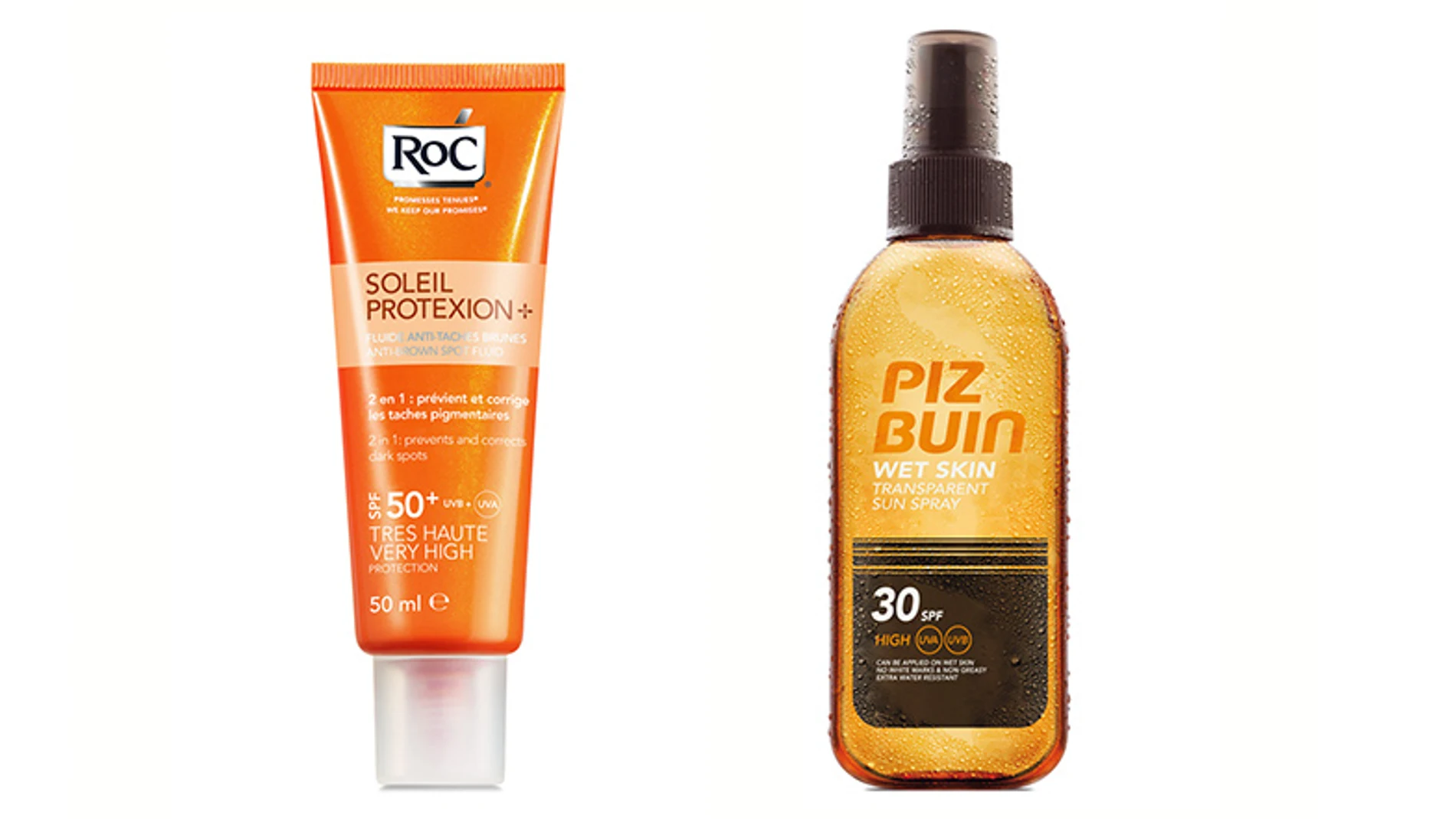 Fluido antimanchas SPF50+ Dos en uno, de Roc. Previene y corrige las manchas (17€) / Piz Buin® Wet Skin™ Spray Solar SPF 30. Se puede usar sobre piel mojada (18€)