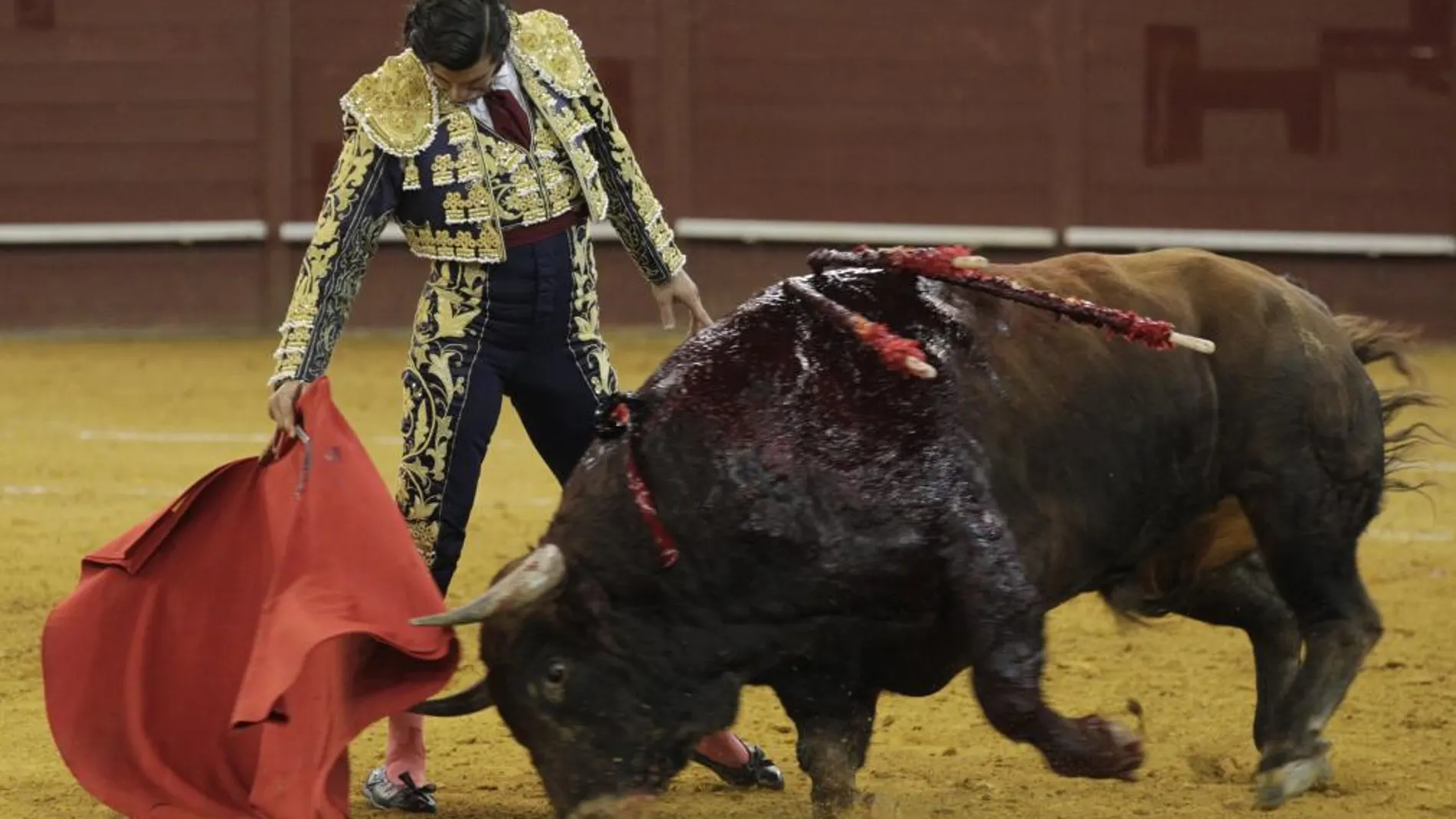 Templado derechazo de Morante al segundo toro, de Domingo Hernández, ayer en Madrid