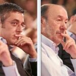 Alfredo Pérez Rubalba, todavía secretario general del Partido Socialista, junto a uno de los nombres que suenan con más fuerza para tomar la dirección del partido, Eduardo Madina, el actual secretario general el Grupo en el Congreso de los Diputados