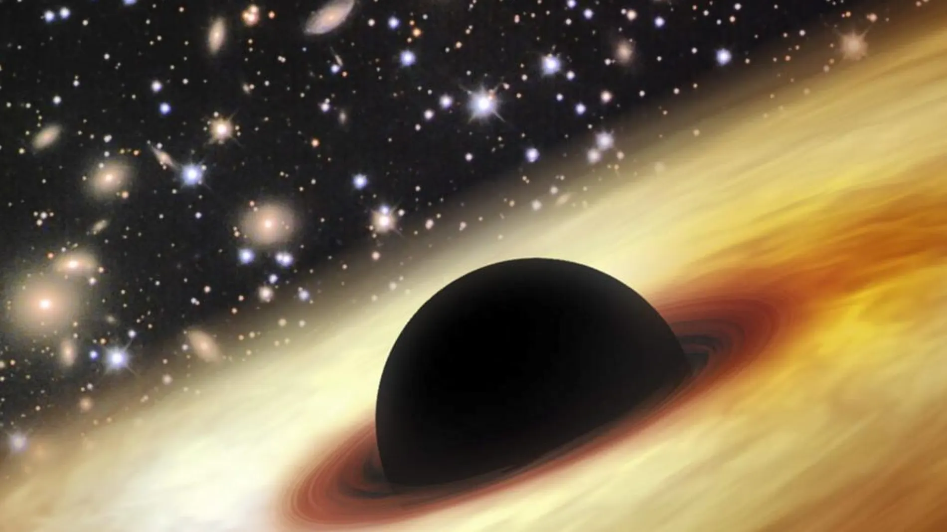 Imagen artística facilitada por Nature, del agujero negro con una masa aproximadamente 12.000 millones de veces mayor que la del Sol, descubierto por un equipo de astrónomos de la universidad de Pekín