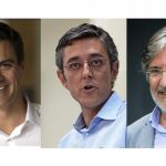 Fotografías de los candidatos oficiales a secretario general del PSOE, Pedro Sánchez (i), Eduardo Madina (c) y José Antonio Pérez Tapias (d), con 41.338, 25.238 y 9.912 avales.