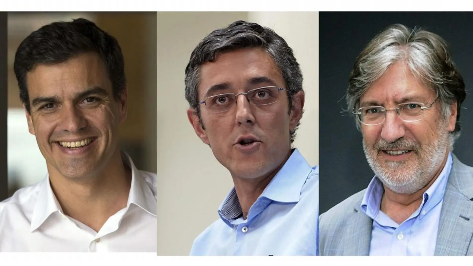 Fotografías de los candidatos oficiales a secretario general del PSOE, Pedro Sánchez (i), Eduardo Madina (c) y José Antonio Pérez Tapias (d), con 41.338, 25.238 y 9.912 avales.