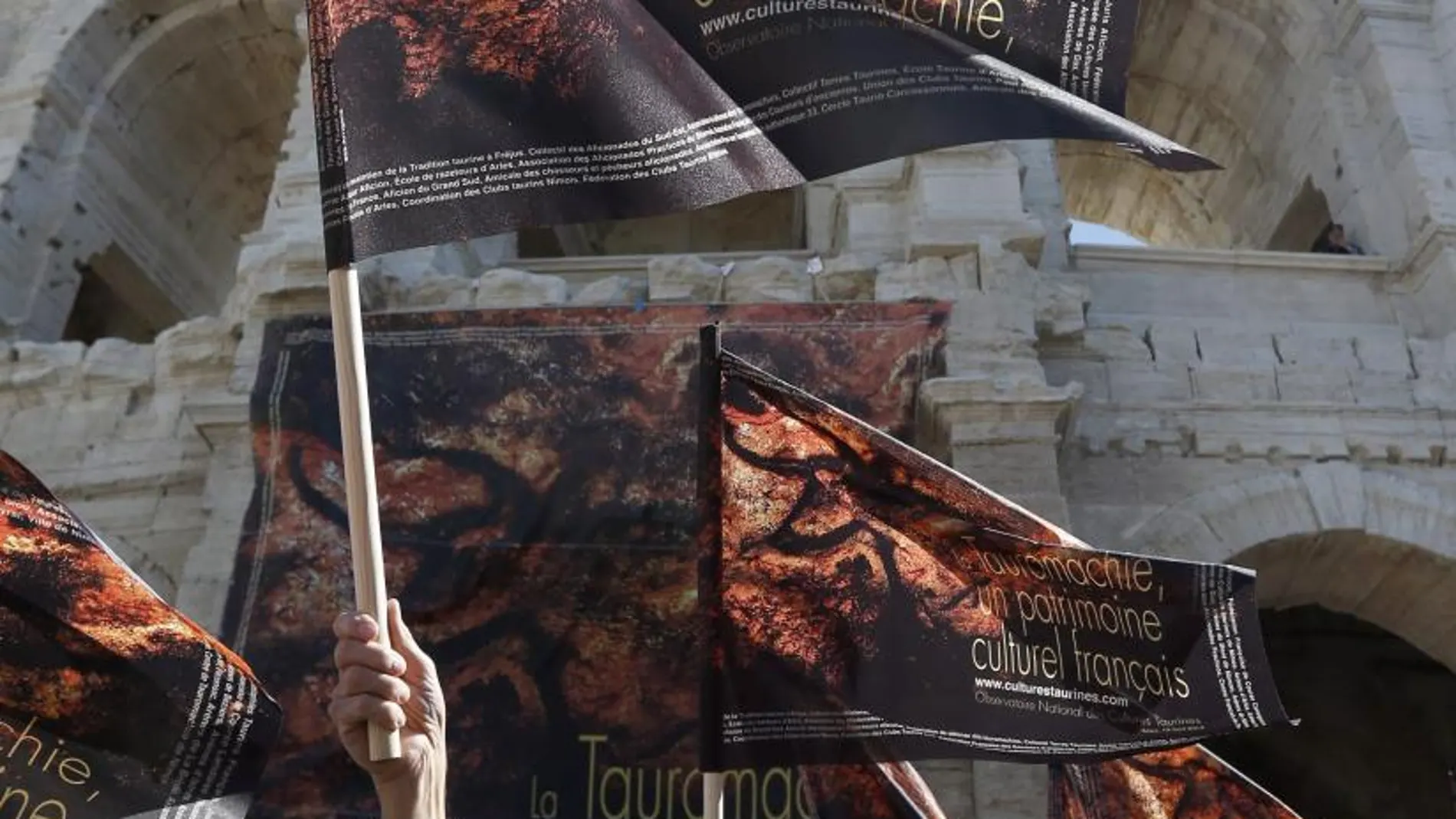 Instantánea de la multitudinaria manifestación celebrada este sábado en los aledaños del Coliseo Romano de Arles