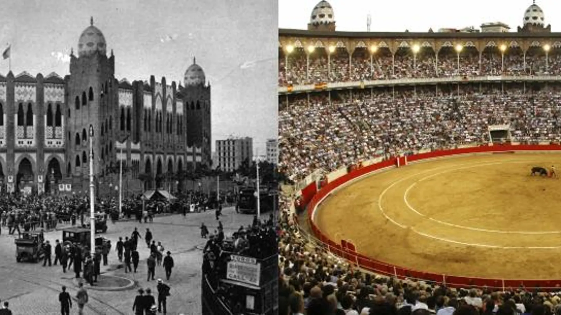 A la izquierda, imagen de los exteriores de La Monumental de Barcelona en la temporada de su apertura; a la derecha, lleno de «No hay billetes» en su hasta hoy último festejo en 2011