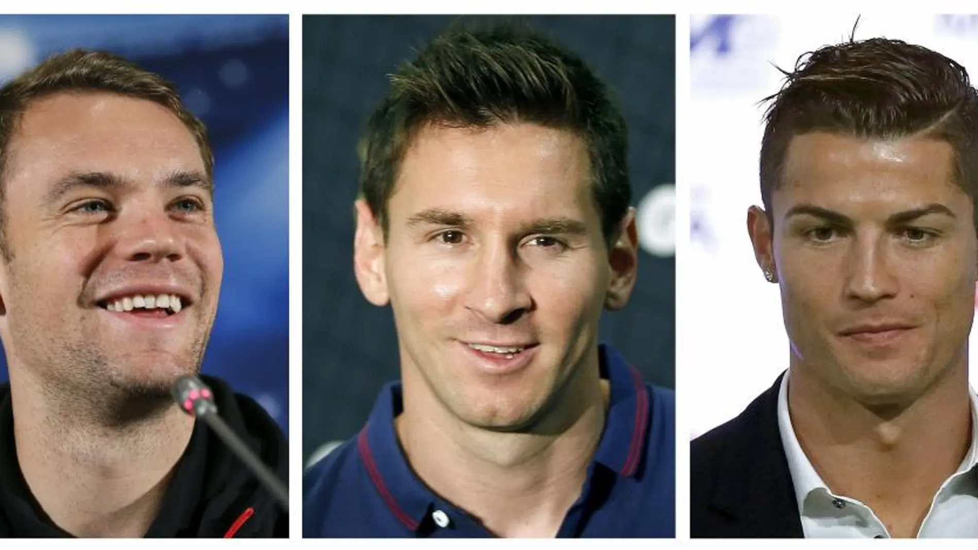 El meta alemán del Bayern de Múnich Manuel Neuer, el argentino del Barcelona Lionel Messi y el portugués del Real Madrid Cristiano Ronaldo.