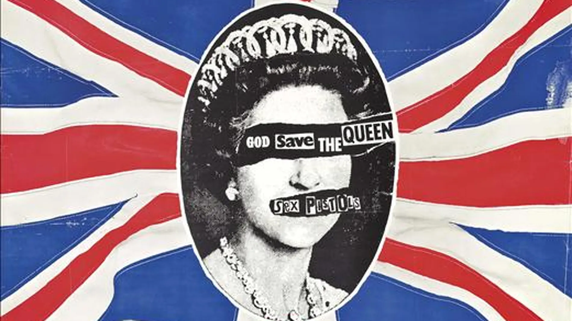 Poster del single "God Save The Queen", del grupo británico Sex Pistols, 1977, diseñado por Jamie Reid