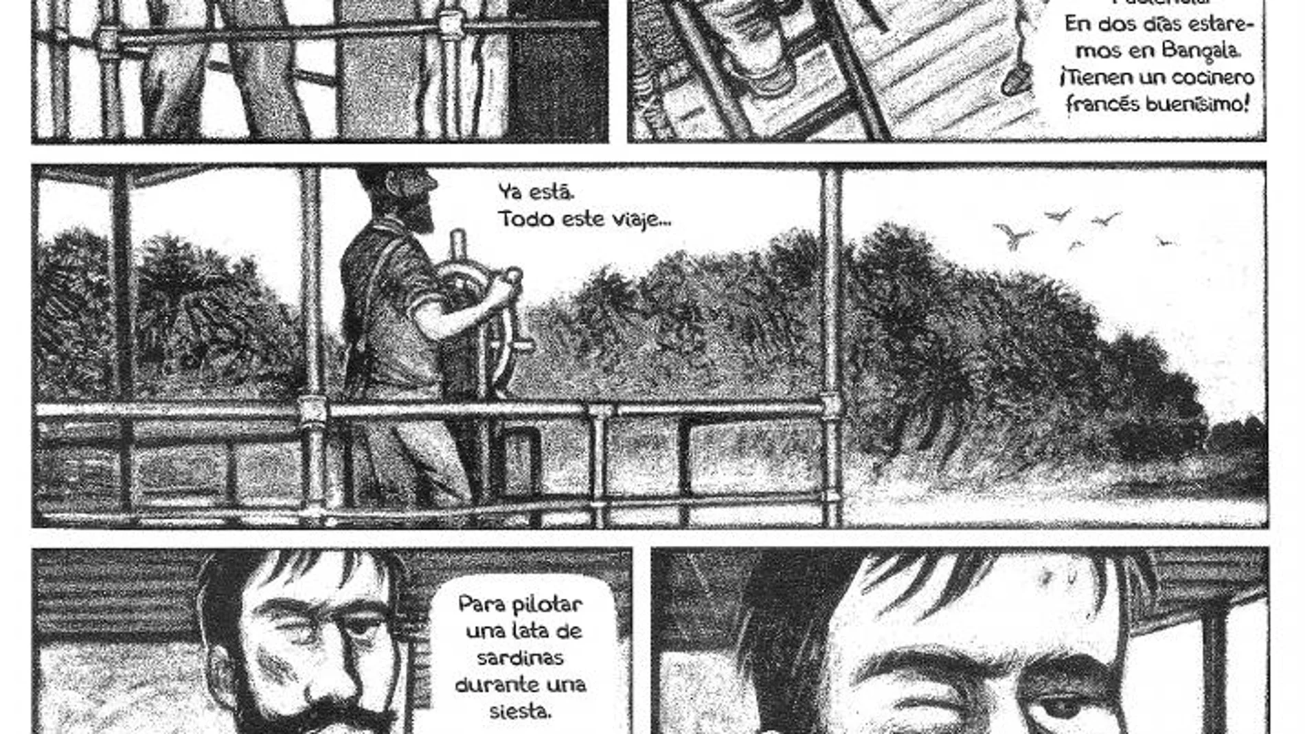 Una página de la novela gráfica de Perrissin y Tirabosco, con Conrad al timón