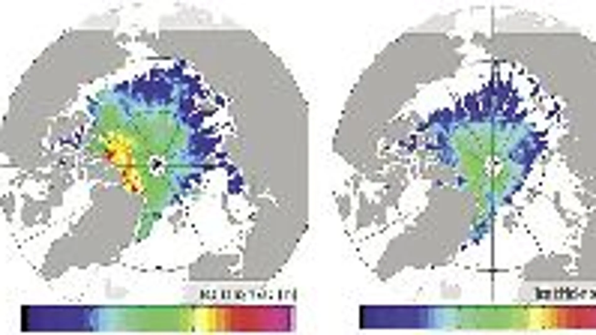 El pasado mes de octubre. el Ártico tenía 9.000 kilómetros cúbicos de hielo (en la izquierda), 3.000 más que en otoño de 2012 (a la derecha)