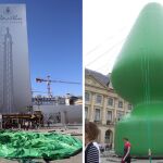 A la izquierda, la escultura desinchada por unos vándalos; a la derecha, su aspecto original.