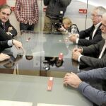 Alfredo Pérez Rubalcaba, Valeriano Gómez, Fernández Toxo, Georges Dassis y Cándido Méndez, ayer en Madrid