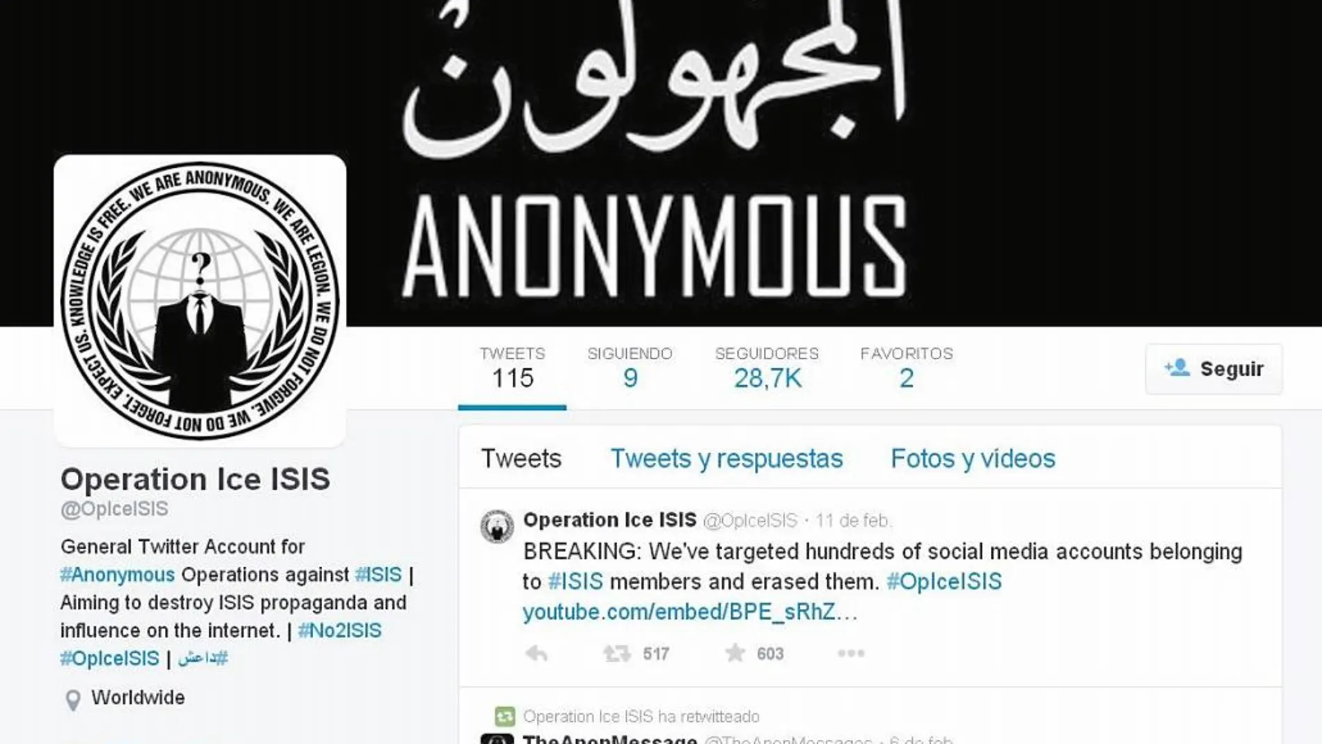 Desde una cuenta de Twitter, los activistas de Anonymous tratan de luchar contra los terroristas del Estado Islámico.