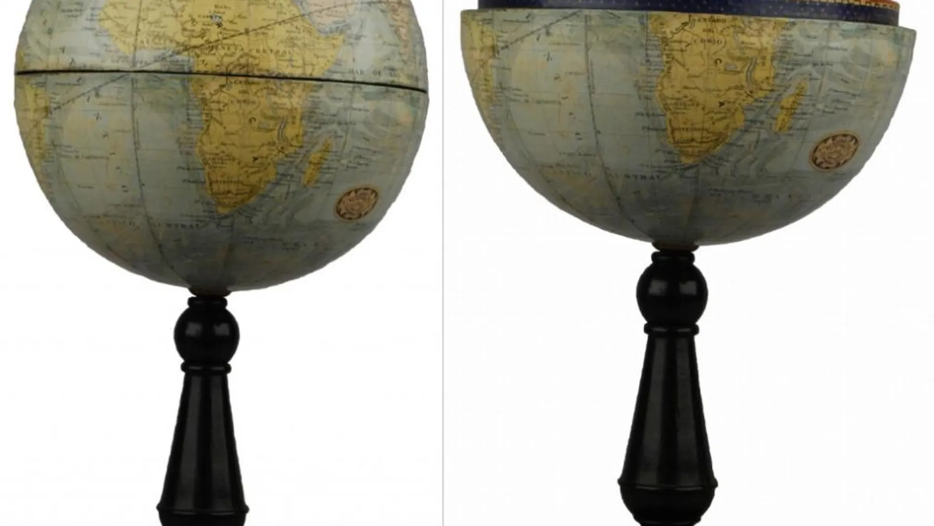 Composición en la que se aprecia lo que hace único a este globo. Su hemisferio norte se levanta para descubrir un planetario y una enciclopedia ilustrada