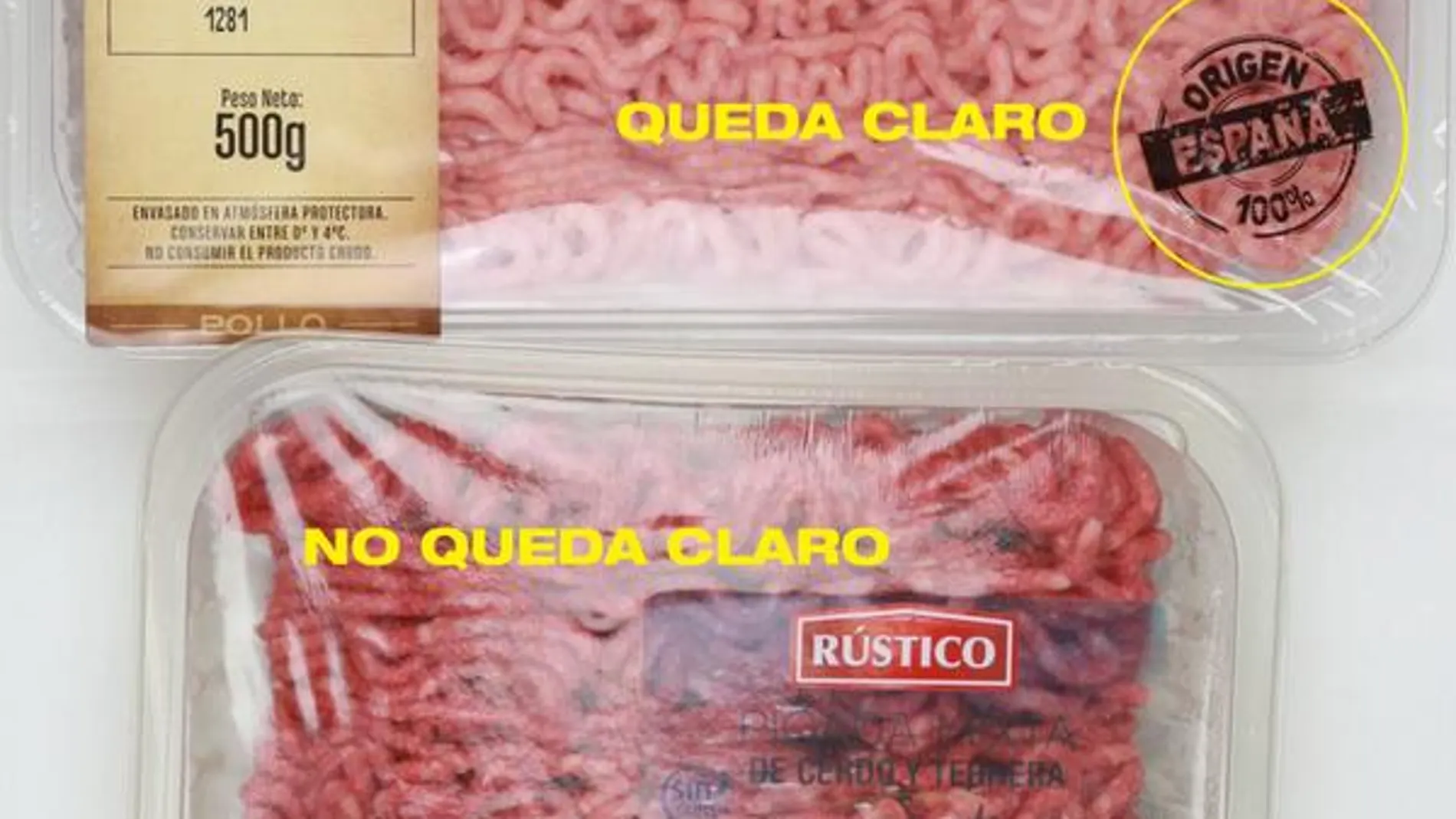La OCU ha distribuido esta imagen con dos ejemplos de lo que debe y no debe ser la información del empaquetado de la carne