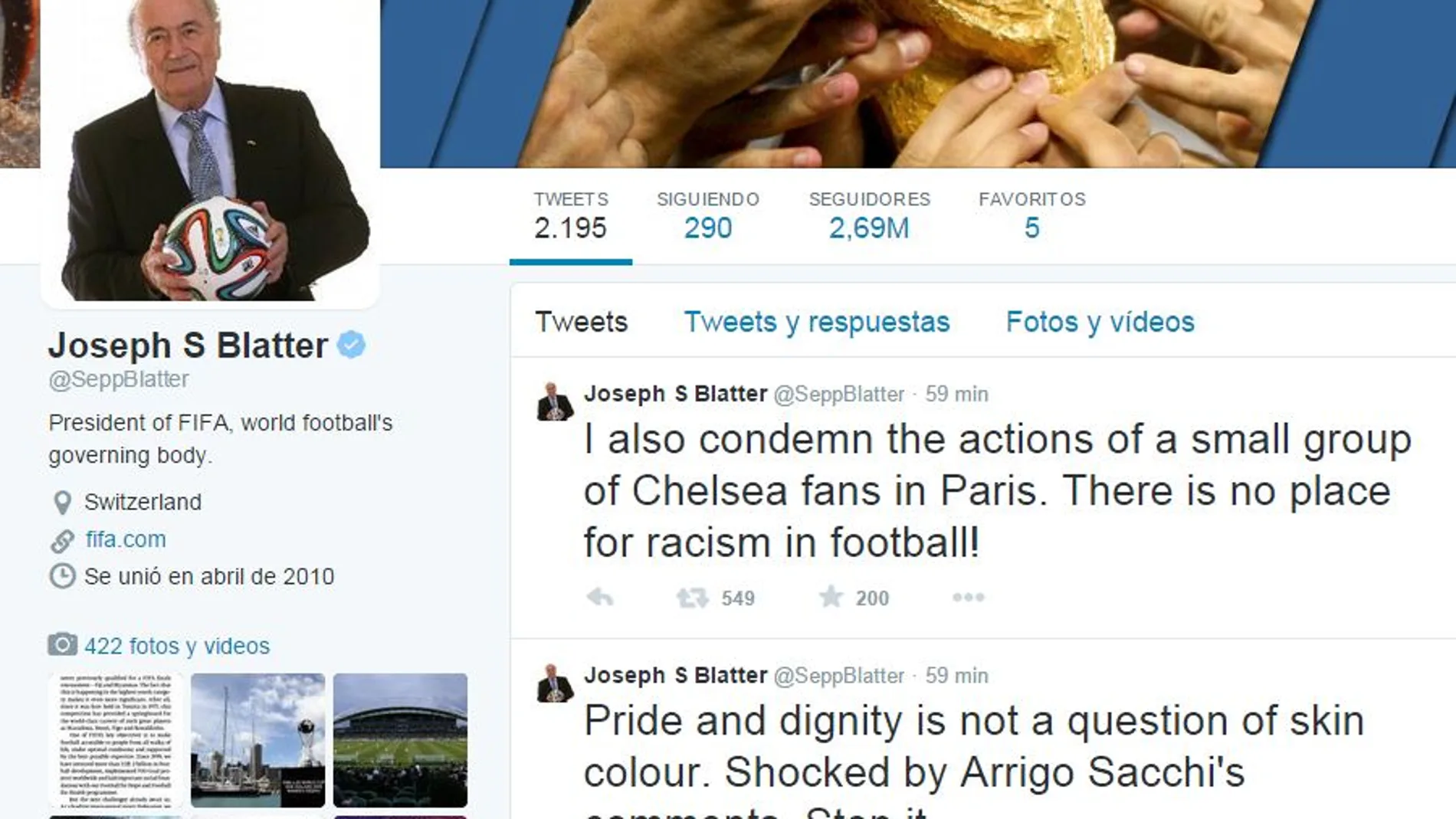 Blatter responde a Sacchi: «El orgullo y la dignidad no dependen del color de la piel»