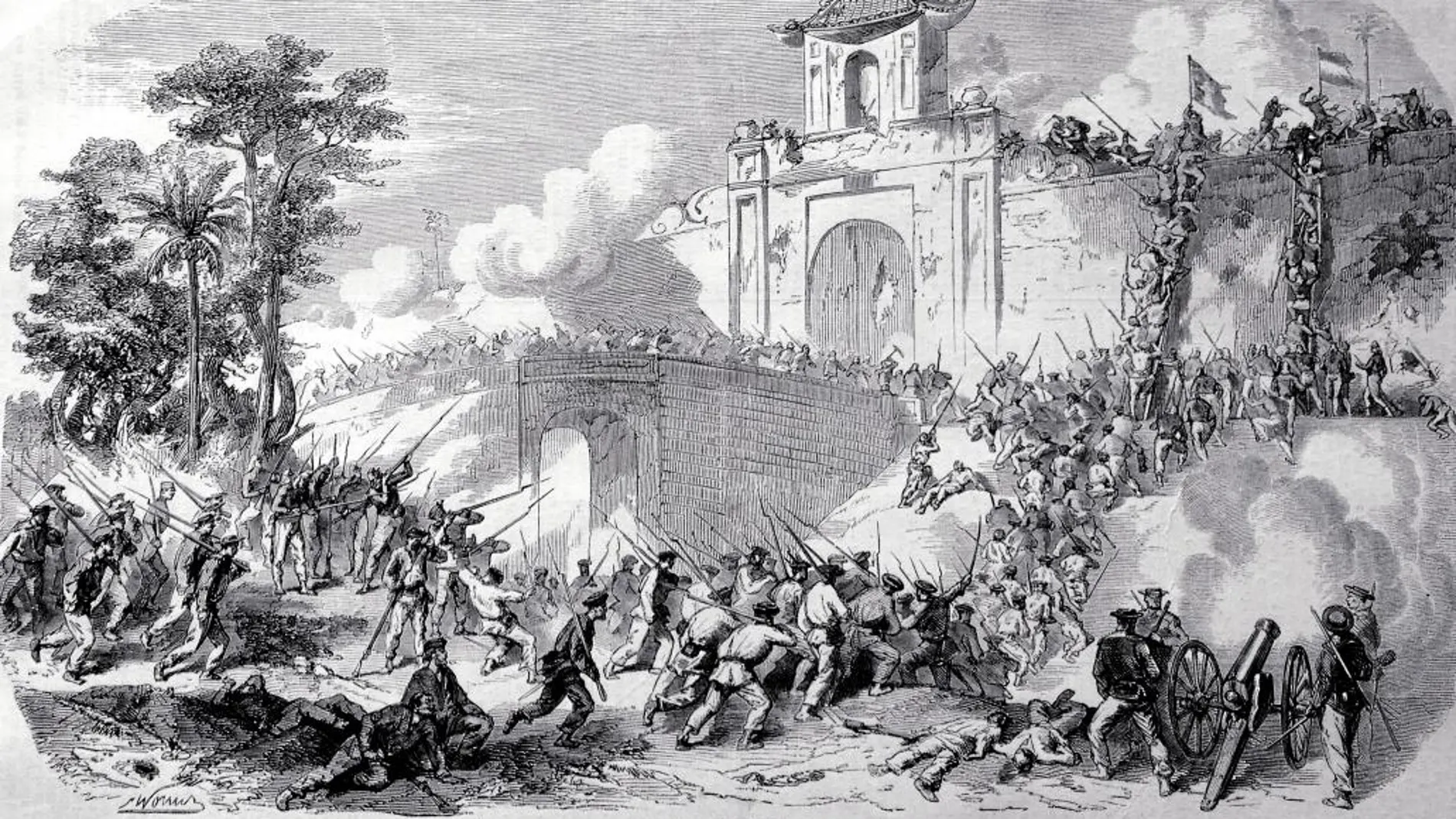 Este grabado recoge el asalto a la fortaleza de Saigón por las tropas franco-españolas el 17 de febrero de 1859