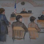 Una ilustración muestra a Dzhokhar Tsarnaev (c) y a sus abogados.