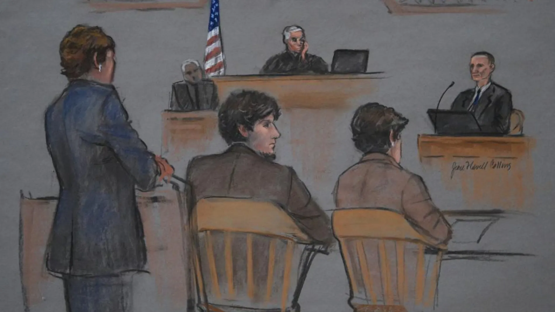 Una ilustración muestra a Dzhokhar Tsarnaev (c) y a sus abogados.