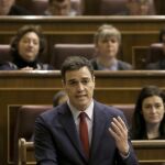 El líder del PSOE, Pedro Sánchez, durante su intervención hoy en la sesión de control al Ejecutivo del pleno del Congreso