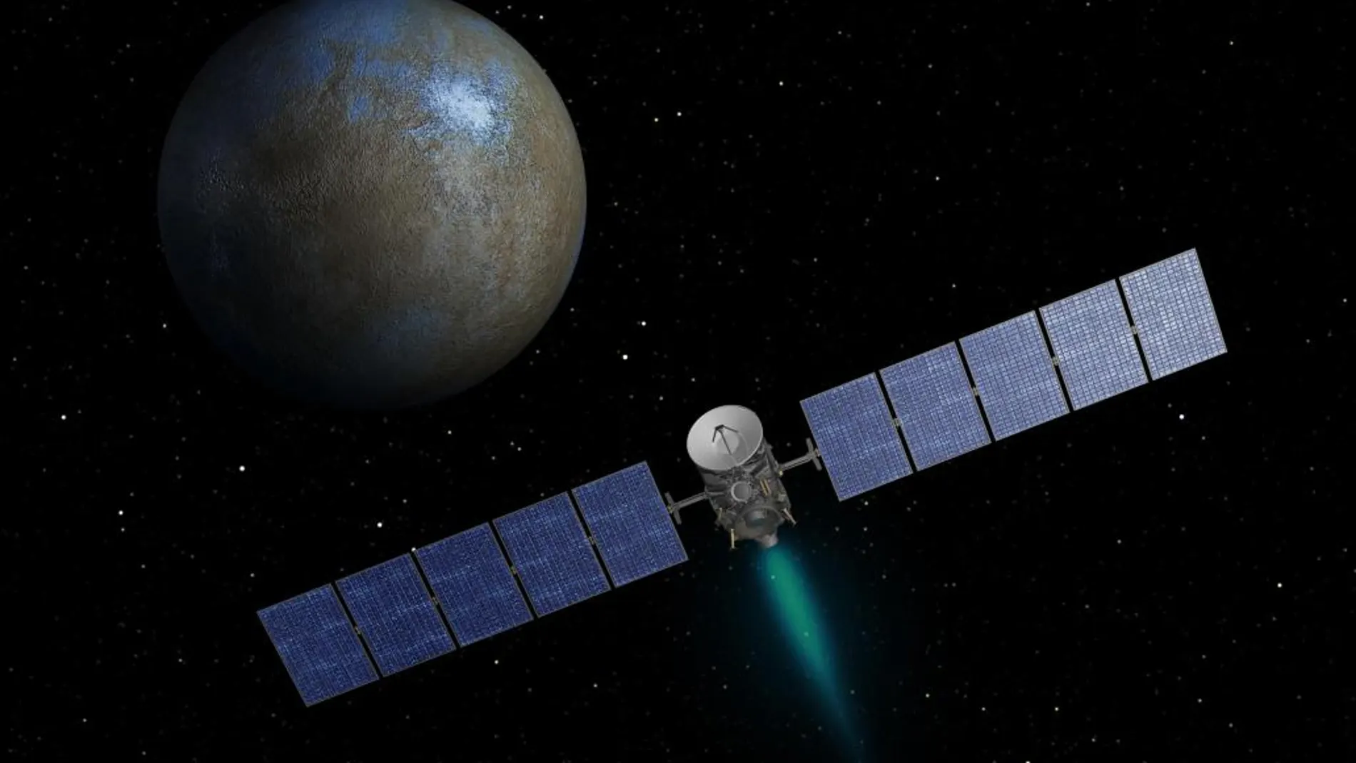 Recreación artística de la llegada de la sonda Dawn a Ceres, realizada por las NASA