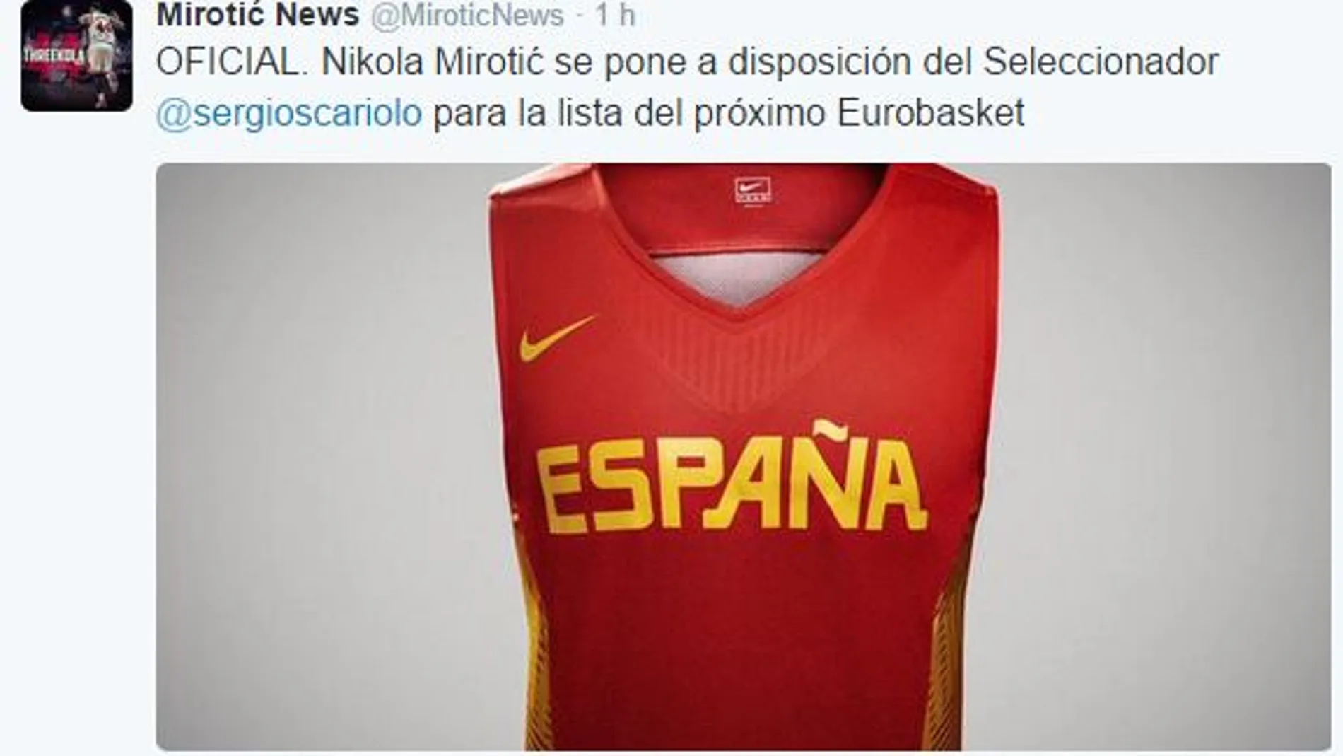 Tuit de Nicola Mirotic ofreciéndose a jugar con España este verano