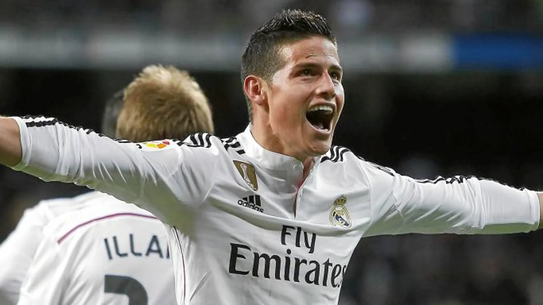 El colombiano James Rodríguez celebra un gol con el Real Madrid esta temporada