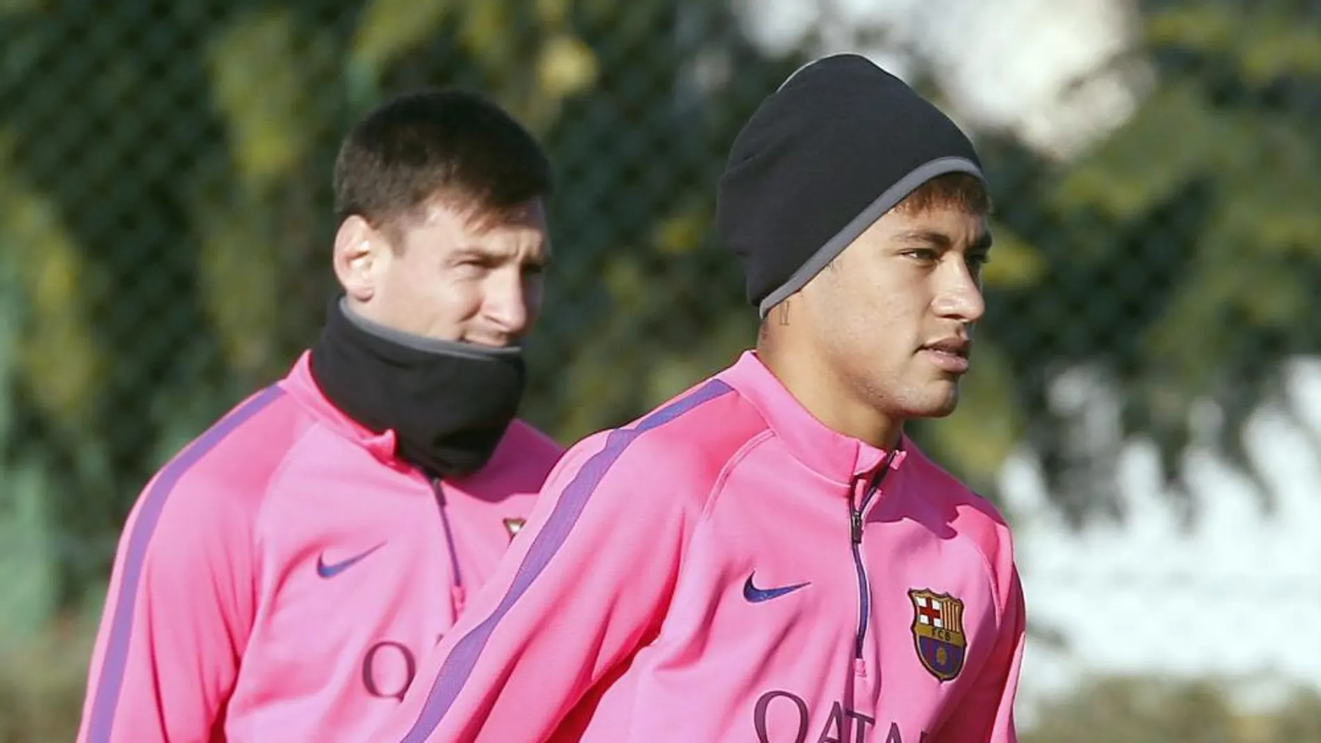 Messi y Neymar, durante el entrenamiento