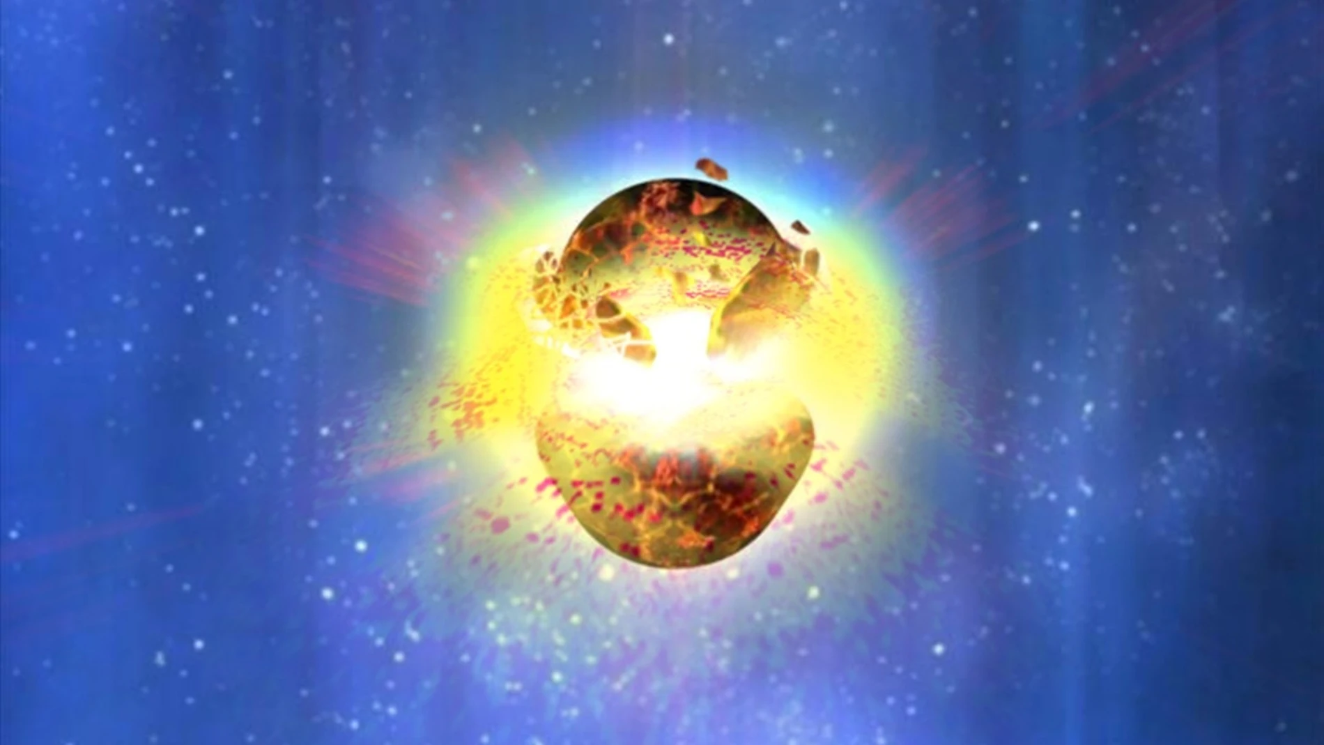 Recreación artística de la fusion de dos estrellas de neutrones.
