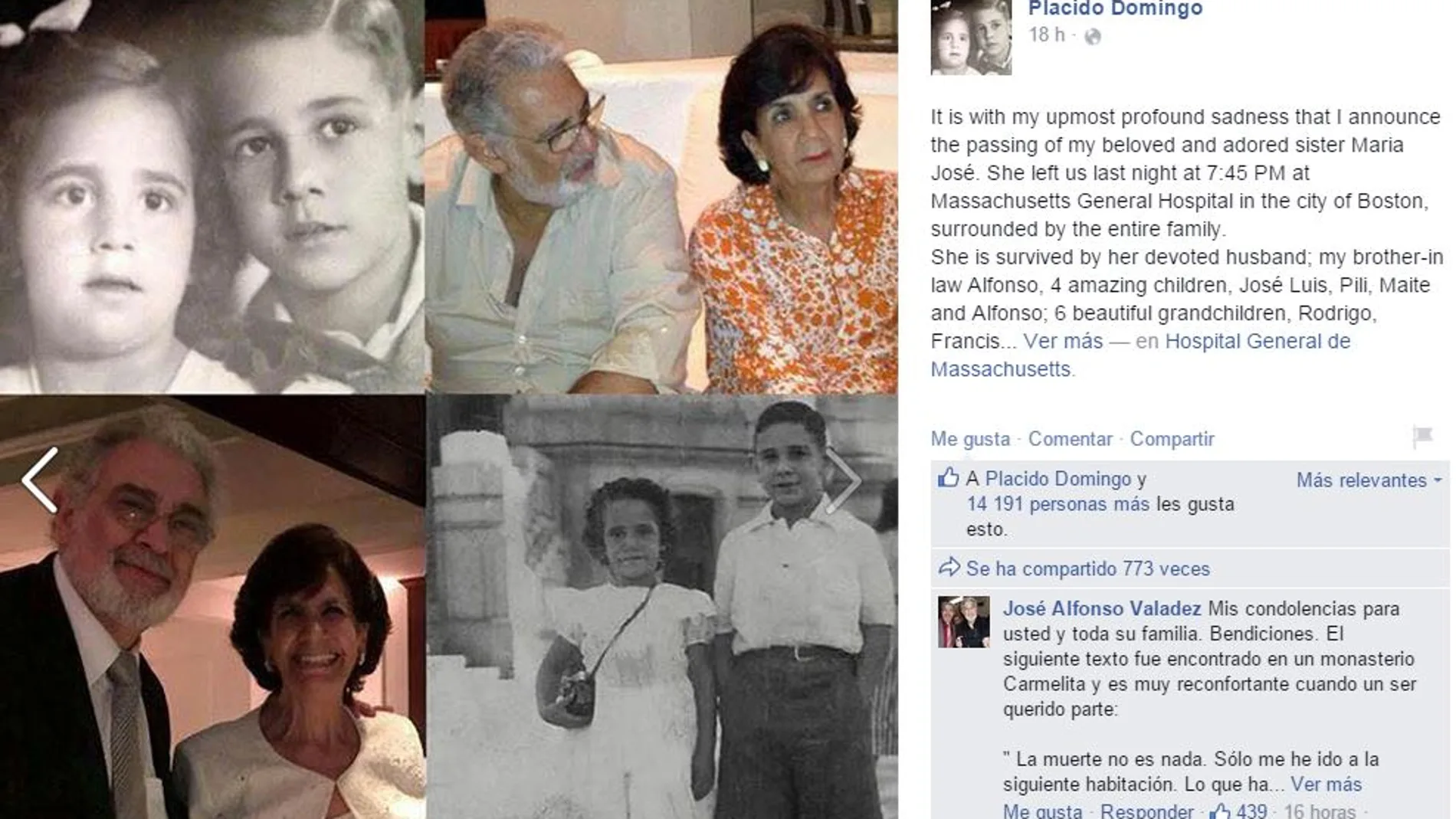 Perfil de facebook de Plácido Domingo en el que comunica el fallecimiento de su hermana