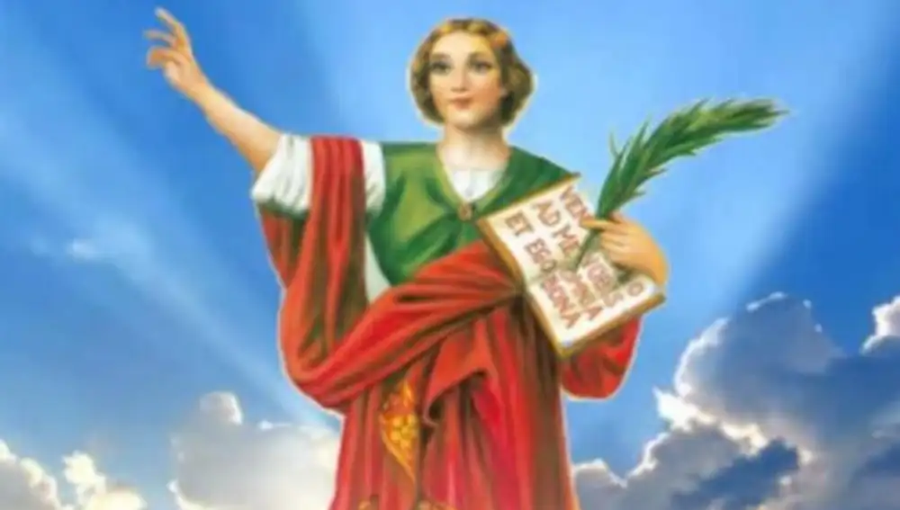 Imagen de San Pancracio con un libro en la mano que dice: “Venite ad me et ego dabo vobis omnia bona”, que significa, literalmente: “Venid a mí y os daré todos los bienes”