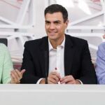 Pedro Sánchez (c), acompañado de la presidenta del partido, Micaela Navarro y el secretario de Organización, César Luena