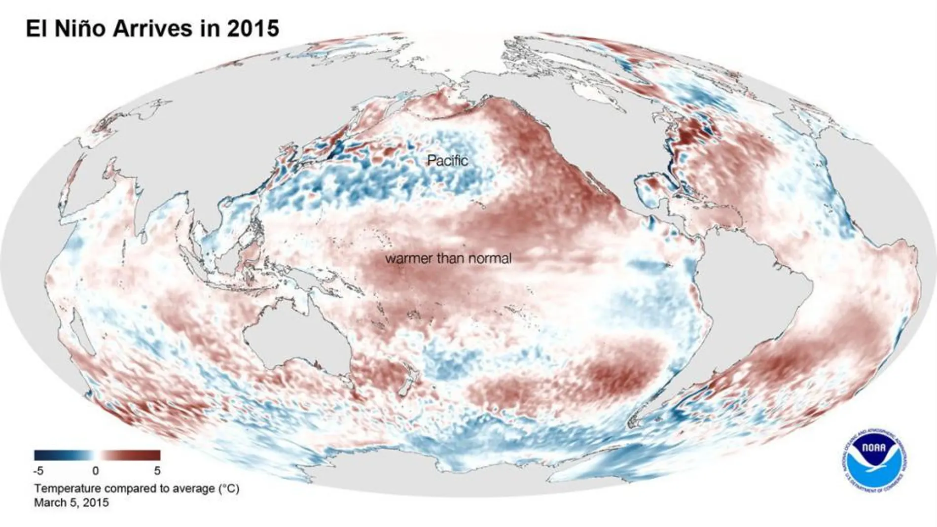 Ilustración cedida que muestra la temperatura media de la superficie del mar en febrero de 2015 según las medidas de los satélites de la Administración Nacional de Océanos y Atmósfera (NOAA).