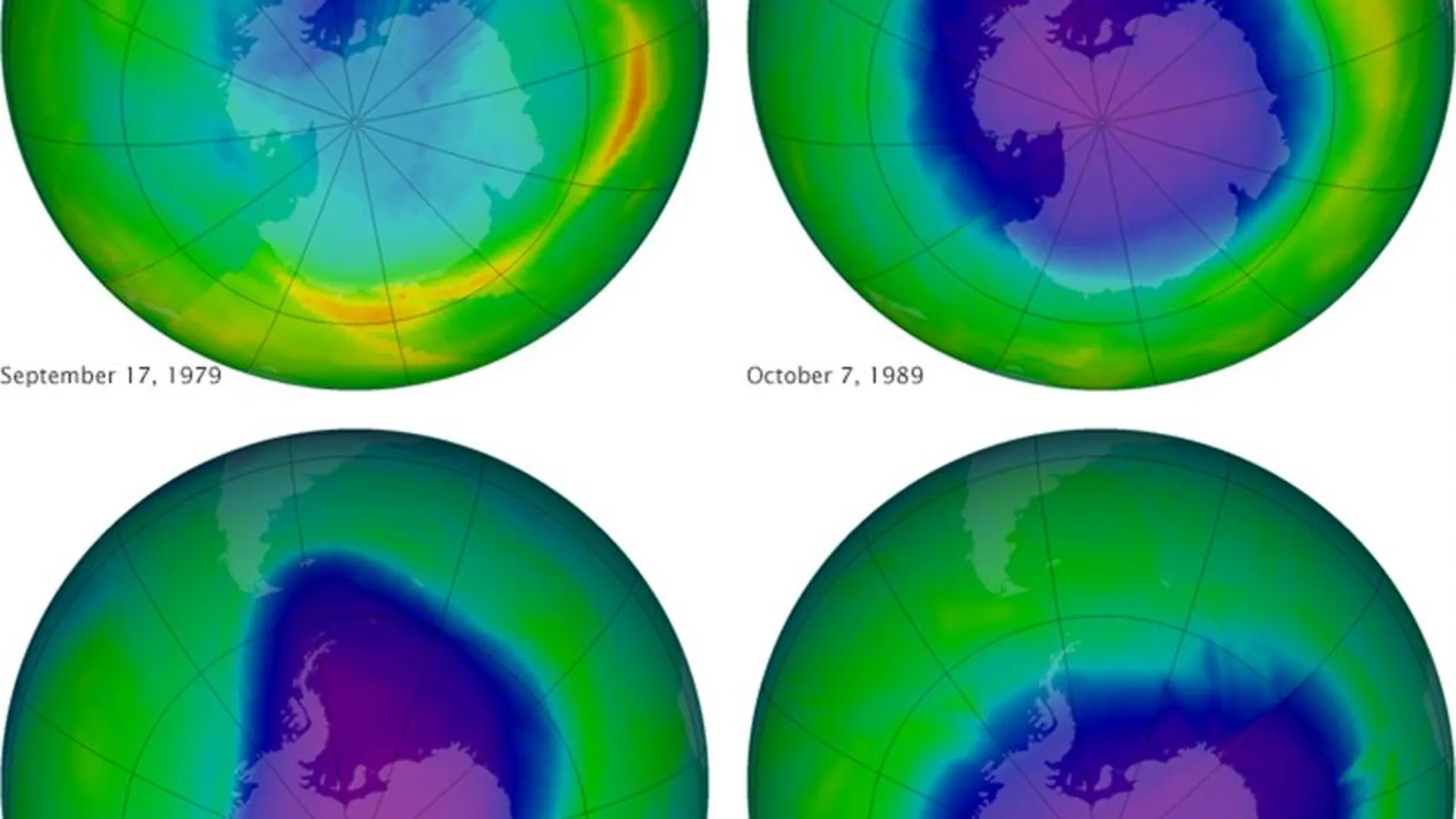 Evolución de la capa de ozono, según imágenes proporcionadas por la NASA, en 1979, 1989, 2006 y 2010