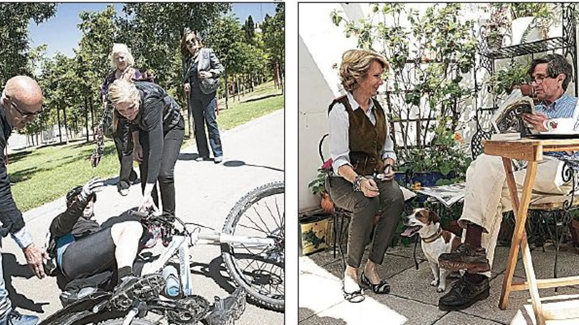 Cristina Cifuentes paseó en bicicleta por Madrid Río. Después de pasear a «Pecas», Esperanza Aguirre se relajó con la prensa