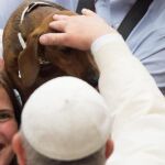 El Papa Francisco acaricia a un perro durante su audiencia general de ayer en el Vaticano.
