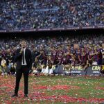 El entrenador del FC Barcelona Luis Enrique durante la fiesta de celebración del título