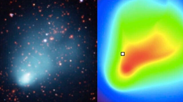Cluster de galaxias ‘El Gordo’, con múltiples galaxias y gas emisor de rayos X (izquierda) y modelo de gas caliente (derecha), que reproduce bien su forma de cometa
