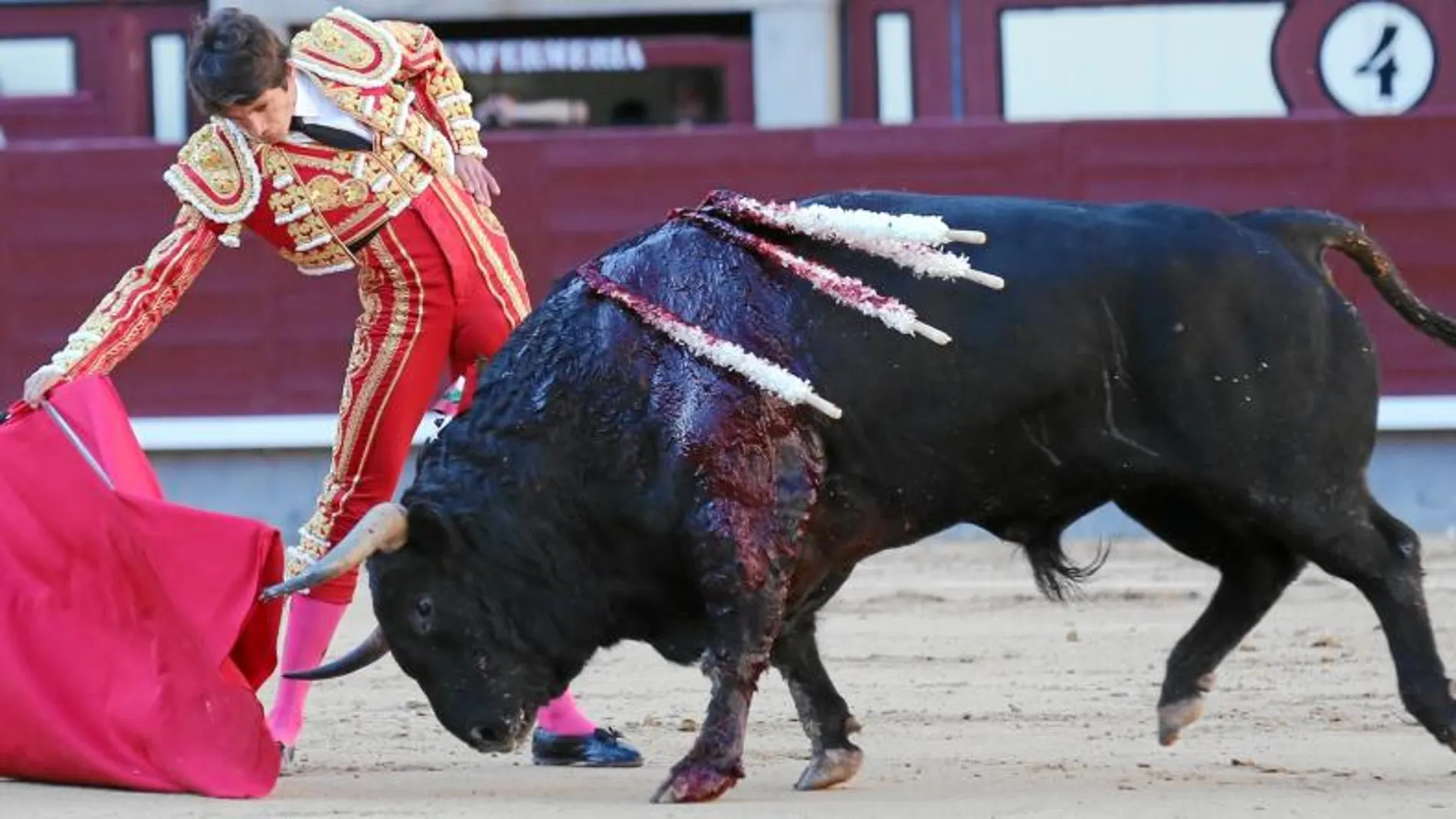 Derechazo del francés Sebastián Castella al quinto de la tarde, sobrero de Toros de El Torero