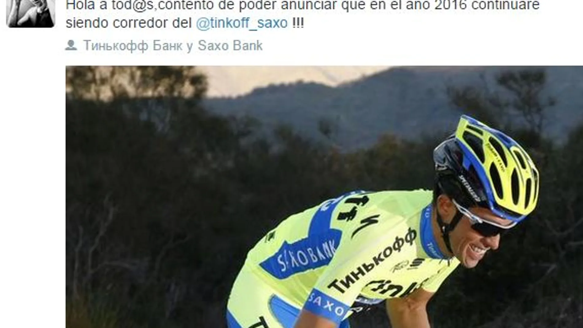 Tuit de Alberto Contador en el que anuncia su renovación