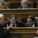 El ministro de Asuntos Exteriores, José Manuel García-Margallo (i), conversa con el portavoz del PP en el Congreso, Alfonso Alonso (d), y el diputado Rafael Hernando (2i), entre otros, durante la sesión plenaria.