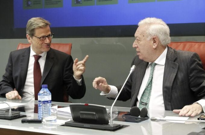 El ministro de Asuntos Exteriores, José Manuel García-Margallo (d), durante la rueda de prensa conjunta con su homólogo alemán, Guido Westerwelle, tras la reunión en el Palacio de Viana, en Madrid