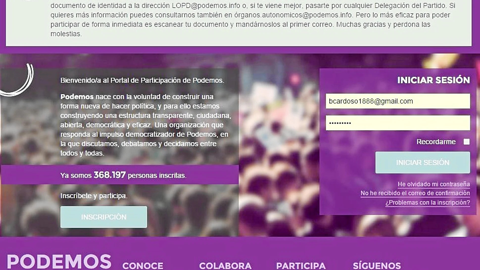 El usuario «Blas Cardoso» ya no puede acceder a la plataforma de Podemos