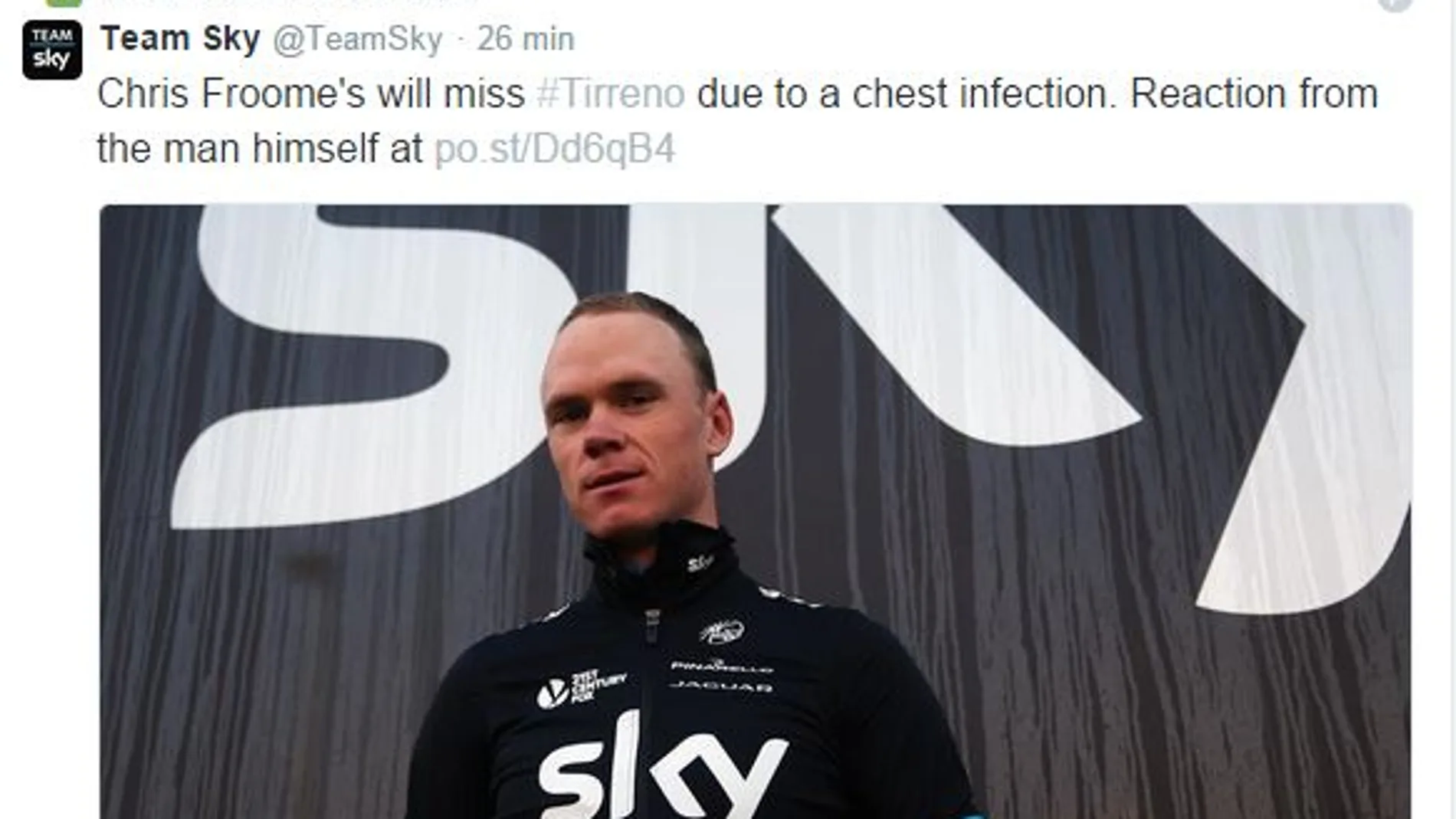 Twitter en el que se precisa que el ciclista sufre una infección de las vías respiratorias