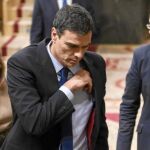 El líder del PSOE, Pedro Sánchez, se mostró abatido y cabizbajo en el Congreso de los Diputados